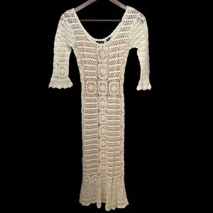 Moda International Crochet Midi Dress Sz 00 XXS Boho Festival Coastal Fitted